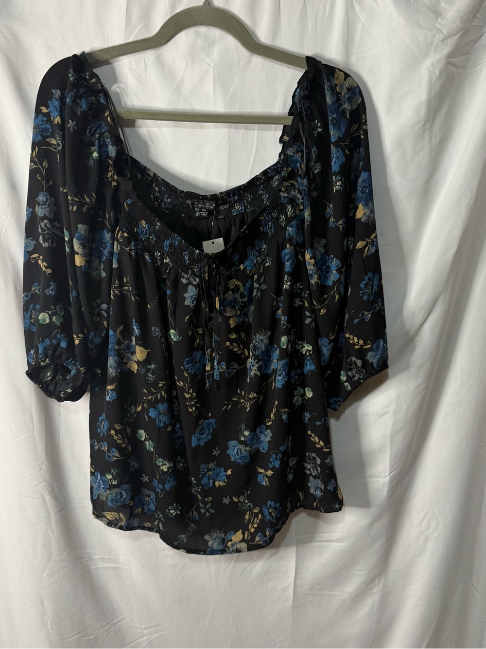 Francesca's Black Off-Shoulder Blouse with Blue Floral Print